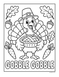 A turkey in a pilgrim hat holding a lattice pie, with carrots, acorns, leaves and the words Gobble Gobble