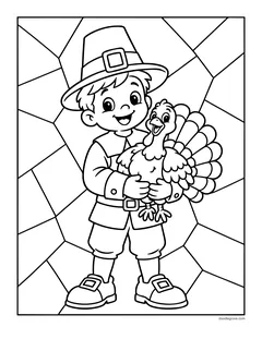 A pilgrim boy hugging a turkey, with a background of straight-edged shapes