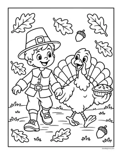 A pilgrim boy walking next to a turkey carrying a pie, with falling leaves and acorns