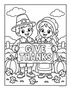 A pilgrim boy and girl holding a Give Thanks sign in front of a fence with pumpkins