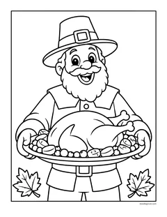 A smiling pilgrim man with a beard carrying a roast turkey on a big platter