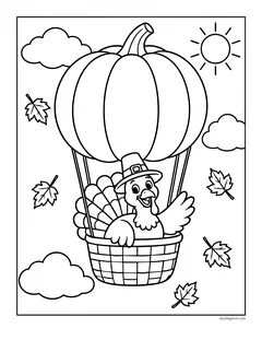 A turkey in a pilgrim hat riding in the basket of a pumpkin-shaped hot air balloon, with leaves and the sun