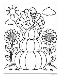 A turkey sitting on top of three stacked pumpkins between two sunflowers, with clouds and the sun