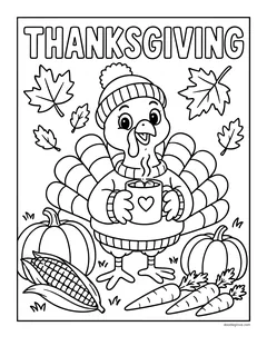 A turkey in a knit hat and sweater holding a mug, with pumpkins, corn, carrots and leaves under the word Thanksgiving