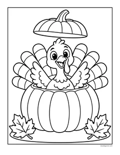 A turkey peeking out of a pumpkin with its lid lifted off