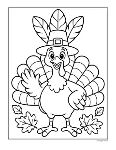 A turkey in a pilgrim hat with three big feathers, waving, with oak leaves on the ground