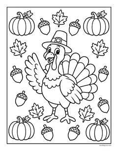 A turkey in a pilgrim hat surrounded by small acorns, pumpkins and leaves
