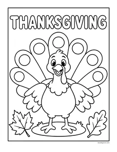 A simple turkey with big round tail feathers under the word Thanksgiving, with maple leaves
