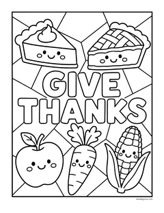 Smiling pie slices, an apple, a carrot and an ear of corn around the words Give Thanks, on a geometric background