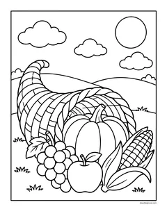 A cornucopia spilling grapes, a pumpkin, an apple and corn onto a grassy field, with clouds and the sun