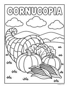 A cornucopia with pumpkins, corn and cabbage under the word Cornucopia, with hills and clouds
