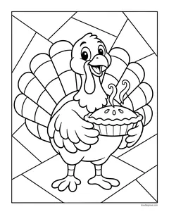 A turkey holding a pie in front of a background of straight-edged shapes
