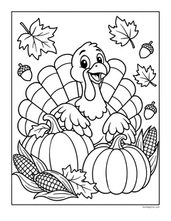 A turkey standing behind pumpkins and corn, with falling leaves and acorns