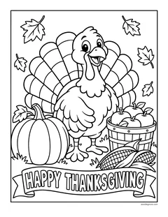 A turkey between a pumpkin and a bushel of apples with corn, above a Happy Thanksgiving banner