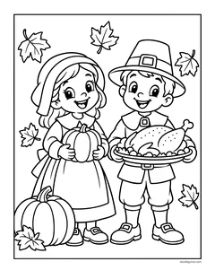 A pilgrim girl holding a pumpkin and a pilgrim boy holding a roast turkey, with pumpkins and leaves