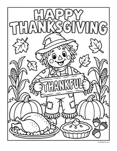 A scarecrow holding a Thankful sign in a cornfield, with pumpkins, a roast turkey and a pie, under the words Happy Thanksgiving