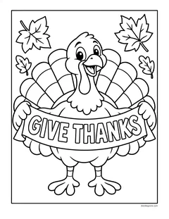 A turkey holding a Give Thanks banner, with maple leaves around