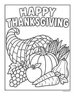 A cornucopia overflowing with pumpkins, corn, grapes, an apple, carrots and a squash under the words Happy Thanksgiving