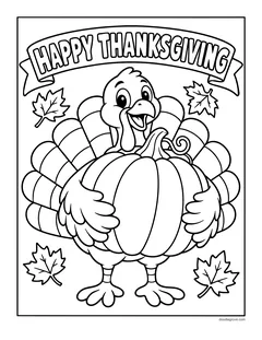 A turkey hugging a big pumpkin under a Happy Thanksgiving banner, with falling leaves