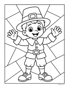 A pilgrim boy waving with both hands in front of a background of straight-edged shapes