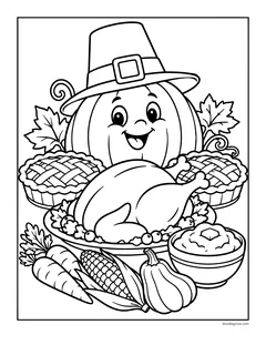 A smiling pumpkin in a pilgrim hat behind a roast turkey, pies, corn, carrots and mashed potatoes