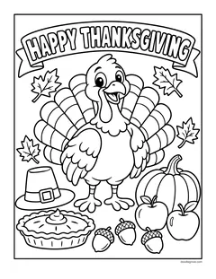 A turkey standing among pumpkins, apples, a pie, acorns and a pilgrim hat under a Happy Thanksgiving banner
