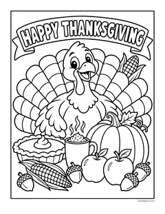 A turkey with pumpkins, a pie, apples, corn, acorns and a steaming mug under a Happy Thanksgiving banner