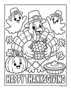 A turkey in a pilgrim hat holding a basket of grapes, with two little ghosts, a smiling pumpkin and pies, and the words Happy Thanksgiving