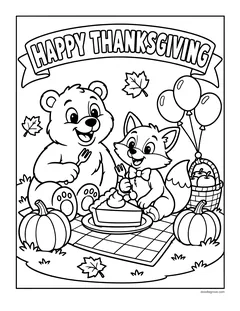 A bear and a fox sharing a pie on a picnic blanket with pumpkins, balloons and a basket, under a Happy Thanksgiving banner