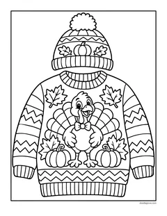 A knit hat and a sweater decorated with a turkey, pumpkins and leaves