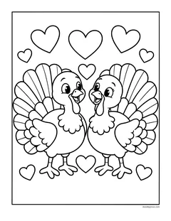 Two turkeys standing side by side with hearts all around them