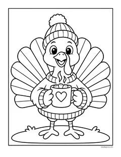 A turkey in a knit hat and sweater holding a mug with a heart, standing on the grass