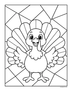 A smiling turkey with its tail fanned out in front of a background of straight-edged shapes