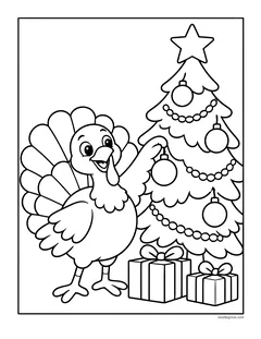 A turkey hanging an ornament on a Christmas tree with presents underneath