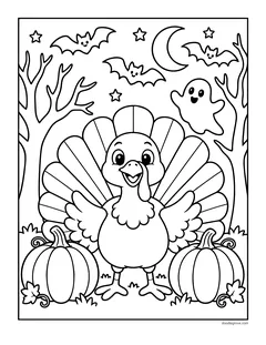 A turkey standing between two pumpkins under bare trees, with bats, a ghost, a moon and stars