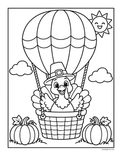 A turkey in a pilgrim hat riding in a hot air balloon basket, with pumpkins, clouds and a smiling sun