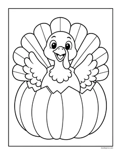 A turkey peeking out of a big cracked pumpkin