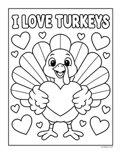 A turkey hugging a big heart under the words I Love Turkeys, with hearts around