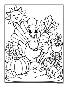 A turkey holding a carrot in a garden with a pumpkin, cabbage, tomatoes and flowers under a smiling sun