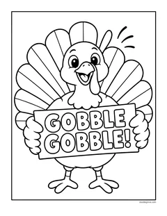 A turkey holding a sign that says Gobble Gobble