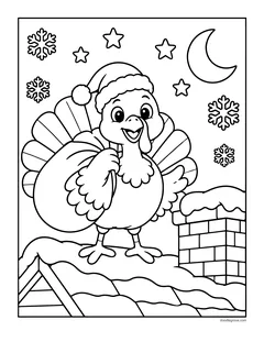 A turkey in a Santa hat carrying a sack past a snowy chimney, with a moon, stars and snowflakes
