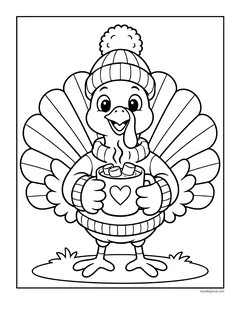 A turkey in a pompom hat and sweater holding a mug of hot cocoa, standing on the grass