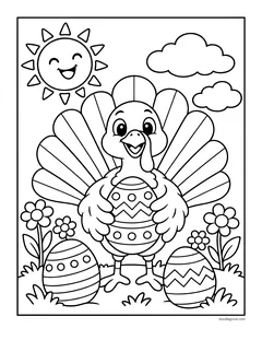 A turkey holding a decorated egg, with more patterned eggs, flowers, clouds and a smiling sun