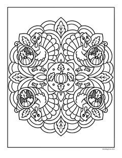 A round mandala made of turkeys, cornucopias, pumpkins and leaf patterns