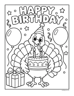 A turkey in a party hat holding a birthday cake, with balloons, a present and the words Happy Birthday