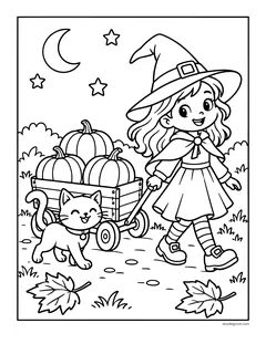 A girl in a witch hat and cape pulling a wagon of pumpkins, followed by a kitten, under a crescent moon