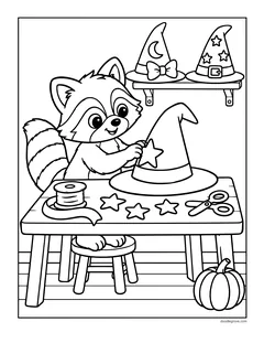A raccoon at a craft table sewing stars onto a witch hat, with ribbon, scissors, paper stars and two finished hats on a shelf