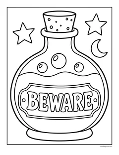 A big round potion bottle with a cork, bubbles and a label that says Beware, with stars and a crescent moon