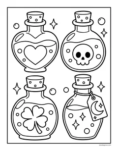 Four potion bottles decorated with a heart, a skull, a clover and a moon tag, surrounded by bubbles and sparkles
