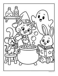 A cat in a witch hat stirring a cauldron while a mouse adds an ingredient, a bunny reads a spell book and a ghost watches